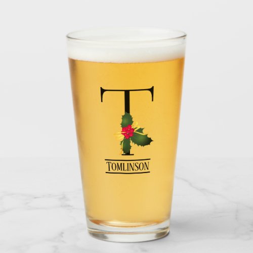 Christmas Holly Monogram T Personalized Beer Glass