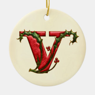 Christmas Holly Monogram V Ceramic Ornament