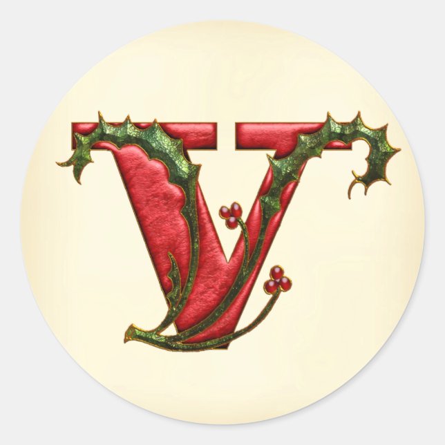 Christmas Holly Monogram V Envelope Seals (Front)