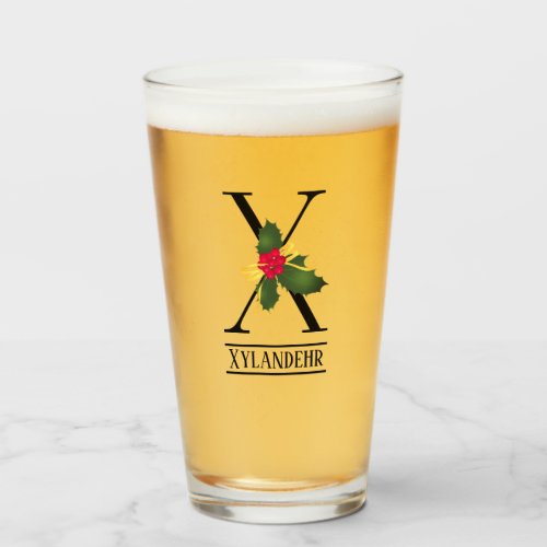 Christmas Holly Monogram X Personalized Beer Glass