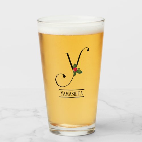 Christmas Holly Monogram Y Personalized Beer Glass