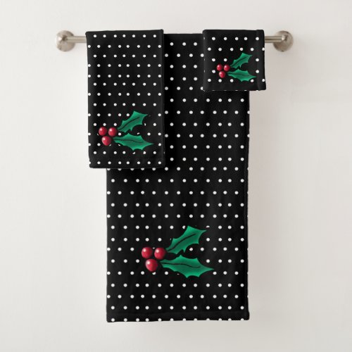 Christmas Holly On Black Bath Towel Set