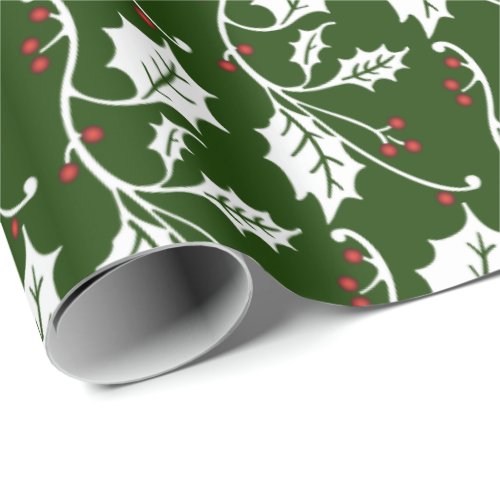 Christmas Holly on Dark Green Wrapping Paper