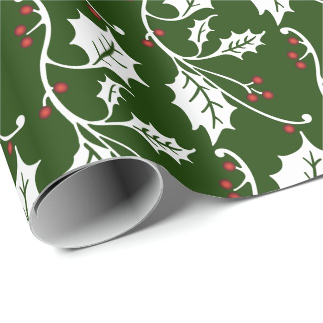 Christmas Holly on Dark Green Wrapping Paper (Roll Corner)