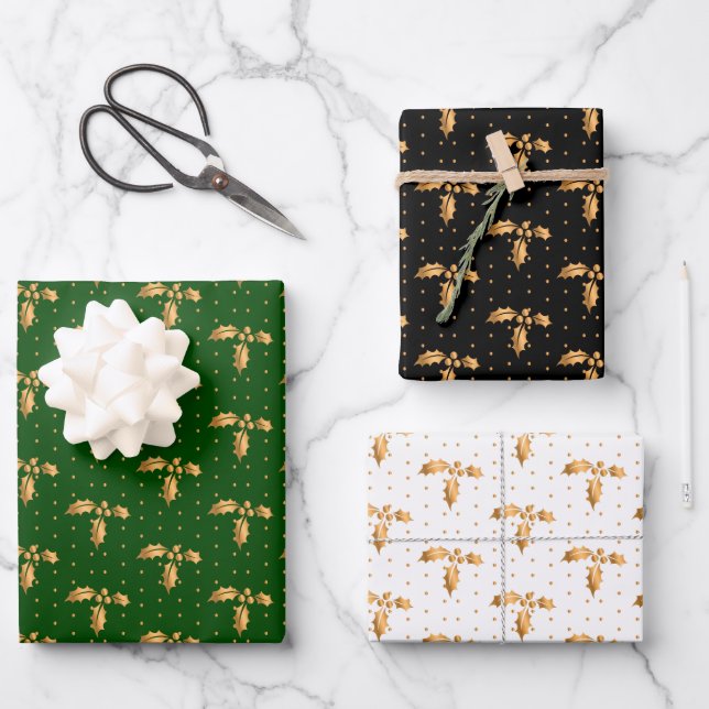 Christmas Holly on Green, Black and White Wrapping Paper Sheets (Front)