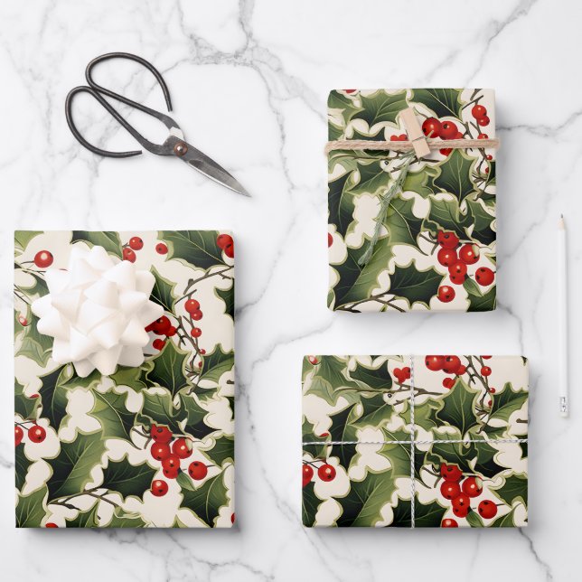 Christmas Holly on Light Background Wrapping Paper Sheets (Front)