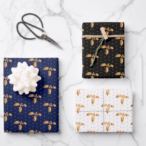 Christmas Holly on Navy Blue Black and White Wrapping Paper Sheets