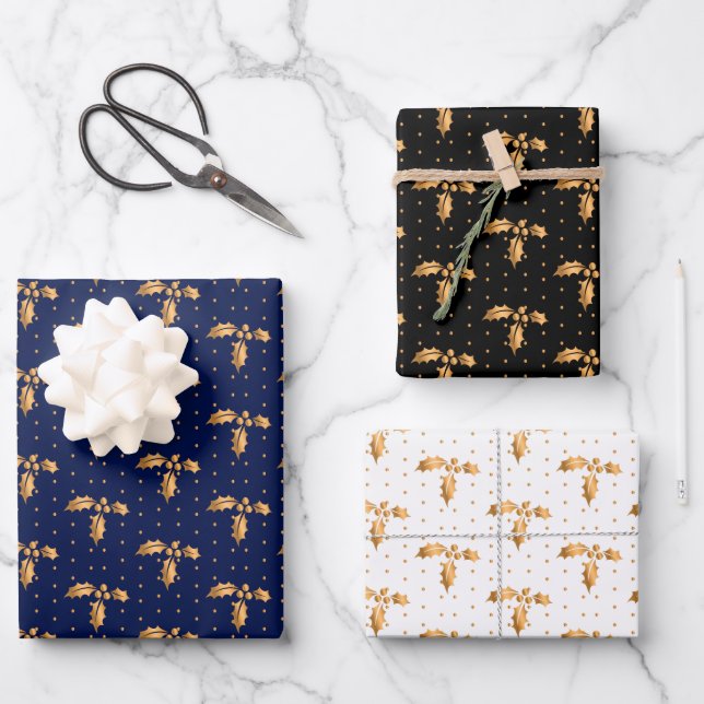 Christmas Holly on Navy Blue, Black and White Wrapping Paper Sheets (Front)