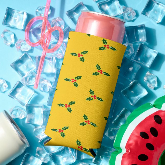 Christmas holly on orange seltzer can cooler (In Situ Summer)