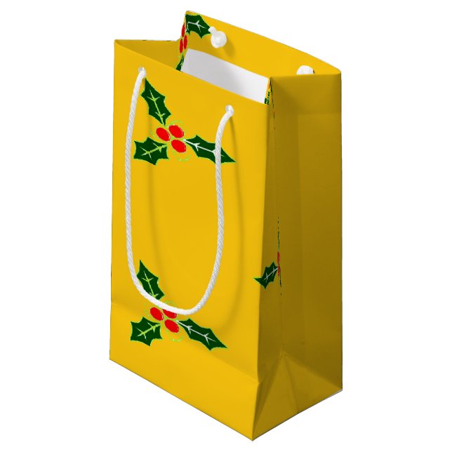 Christmas holly on orange small gift bag (Front Angled)