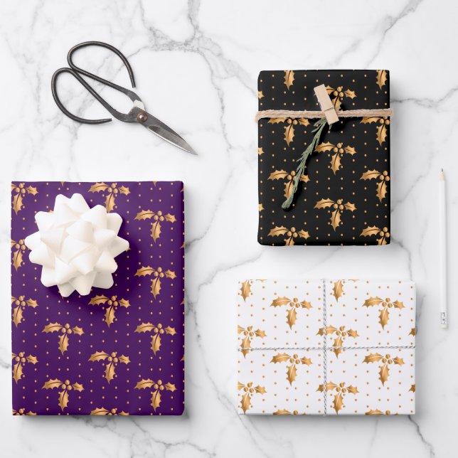Christmas Holly on Purple, Black and White Wrapping Paper Sheets (Front)