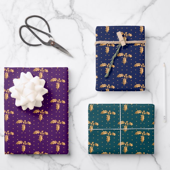 Christmas Holly on Purple, Navy and Teal Wrapping Paper Sheets (Front)