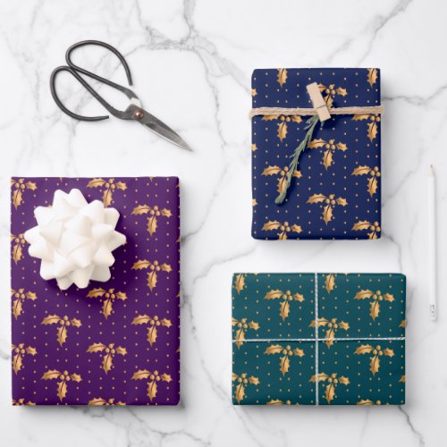 Christmas Holly on Purple Navy and Teal Wrapping Paper Sheets