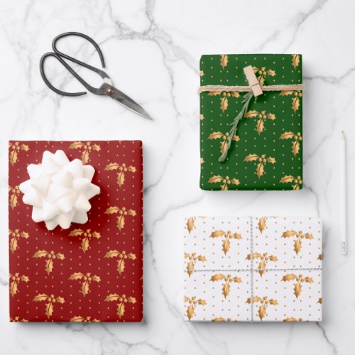 Christmas Holly on Red Green and White Wrapping Paper Sheets