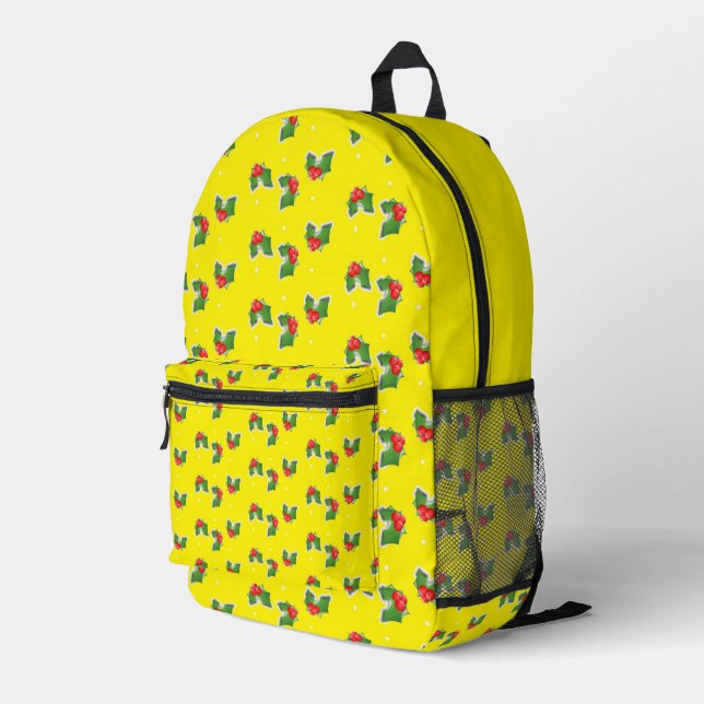 Christmas holly on yellow printed backpack (Back Corner Right)