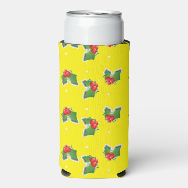 Christmas holly on yellow seltzer can cooler (Seltzer Front)