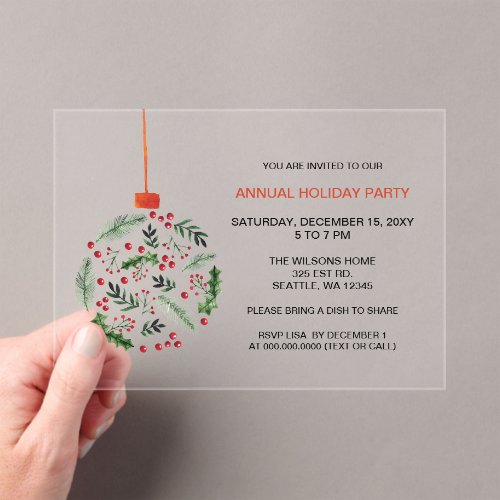 Christmas Holly Ornament Holiday Party Acrylic Invitations