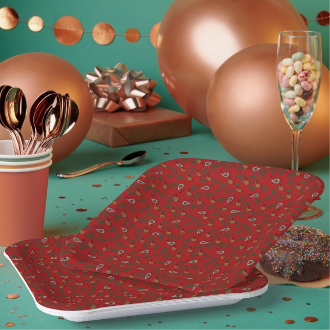 Christmas Holly Paisley Rich Red Paper Plates (Multi)