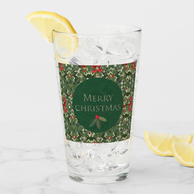 Christmas Holly Pattern Glass Tumbler (Front Ice)