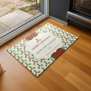 Christmas Holly Pattern Green Holly Red Berries Doormat