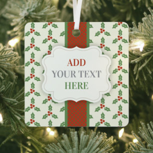 Christmas Holly Pattern Green Holly Red Berries Metal Ornament