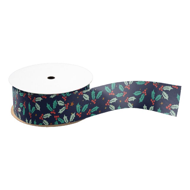 Christmas Holly Pattern Grosgrain Ribbon (Spool)