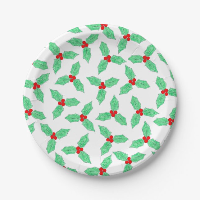 Christmas holly pattern paper plates (Front)