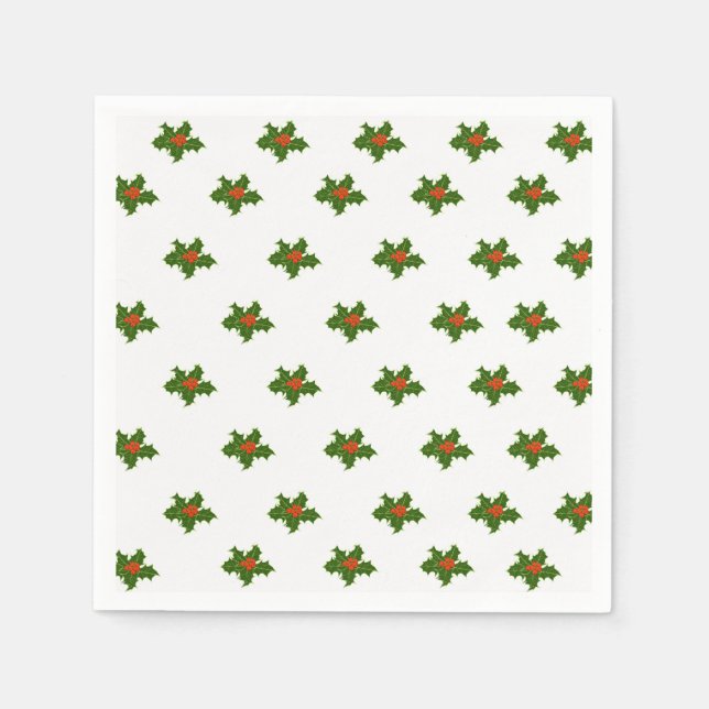 Christmas Holly Pattern Red Berries Green Leaves  Napkins (Front)