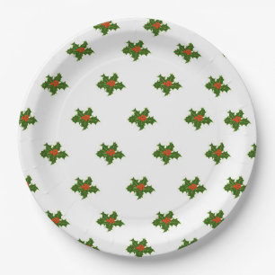 Christmas Holly Pattern Red Berries Green Leaves Paper Plates