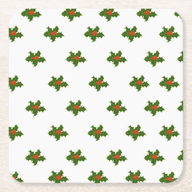 Christmas Holly Pattern Red Berries Green Leaves Square Paper Coaster (Front)