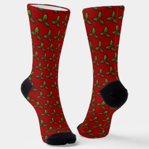 Christmas Holly Pattern Red Socks