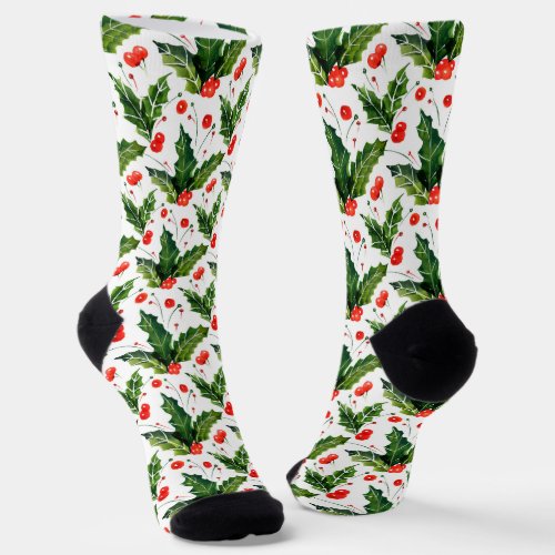Christmas holly pattern socks