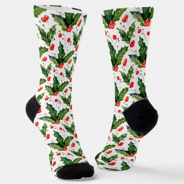 Christmas holly pattern socks (Angled)
