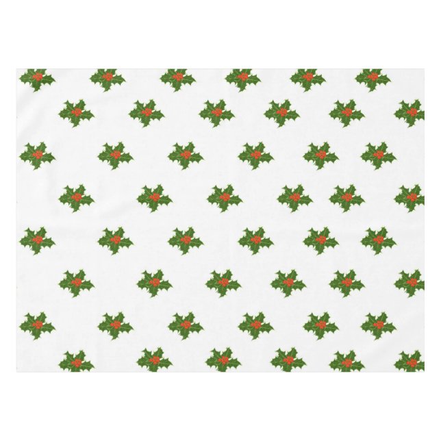 Christmas Holly Pattern With Red Berries on White Tablecloth (Front (Horizontal))