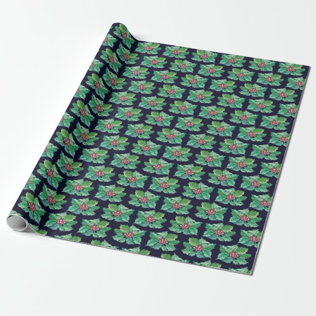 Christmas Holly Pattern Wrapping Paper (Unrolled)