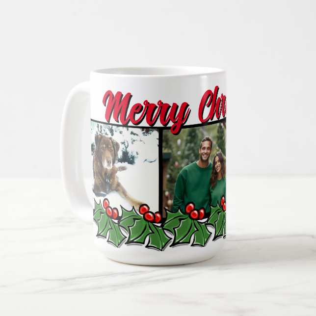 Christmas holly personalize 3 photo  coffee mug (Front Left)