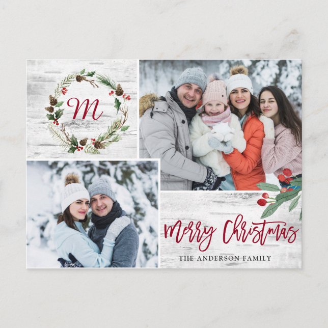 Christmas Holly PHOTO Birch Bark Holiday Greeting Postcard (Front)