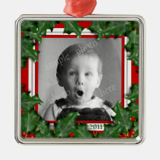 Christmas Holly, Photo Frame, Red Ribbon Ornament