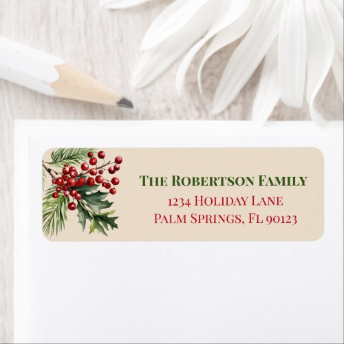Christmas Holly Pine Beige Return Address Label