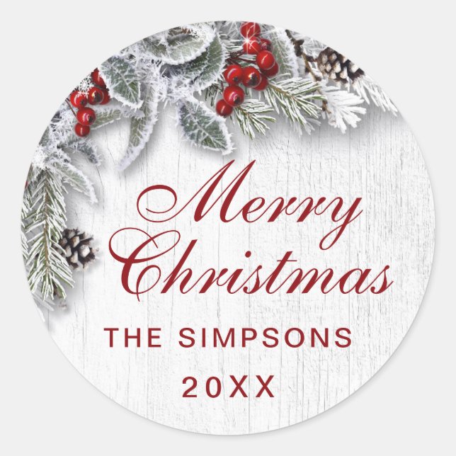 Christmas Holly Pine Branch Rustic Holiday Classic Round Sticker (Front)