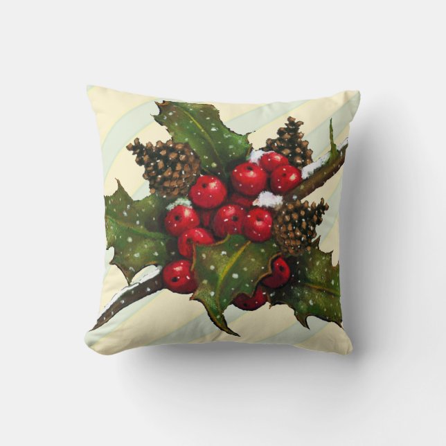 Christmas Holly, Pine Cones, Berries, Stripes Throw Pillow (Front)