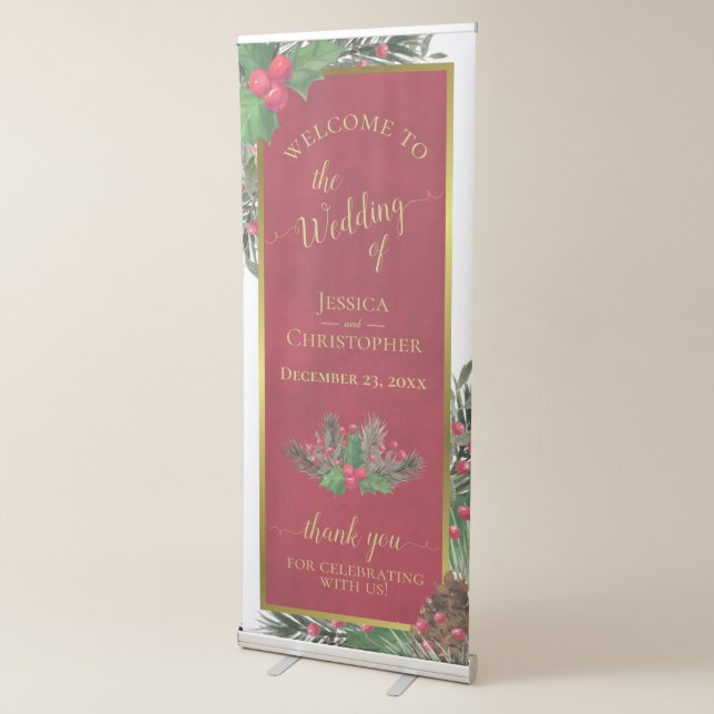 Christmas Holly & Pine Elegant Wedding Welcome Retractable Banner (3/4)