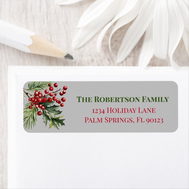 Christmas Holly Pine Gray Return Address Label (Insitu)