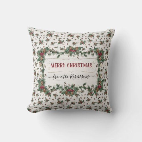 Christmas Holly Pine Mistletoe Rustic Cottagcore Throw Pillow