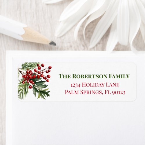 Christmas Holly Pine Red Green Return Address Label