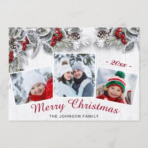 Christmas Holly Pine Rustic 3 Photo Holiday Card
