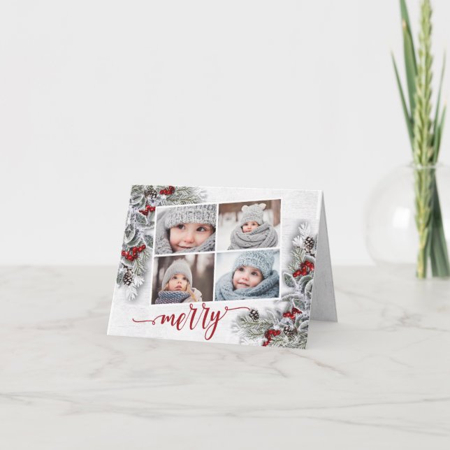 Christmas Holly Pine Rustic Photo Holiday Card (Front)