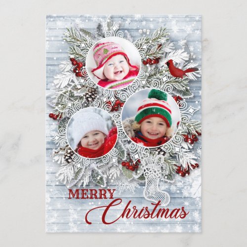 Christmas Holly Pine Rustic Photo Holiday Card
