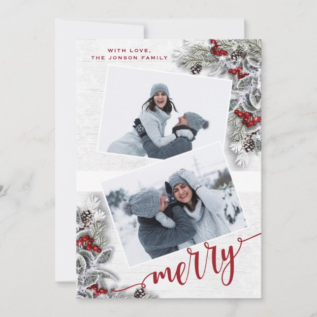 Christmas Holly Pine Rustic Photo Holiday Card (Front)