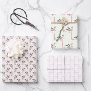 Christmas Holly Pink & Green Wrapping Paper Sheets